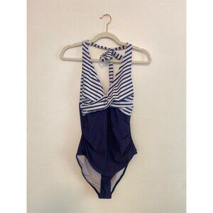Women’s Navy & White Striped Halter One-Piece Swimsuit With Padded Cups Size S